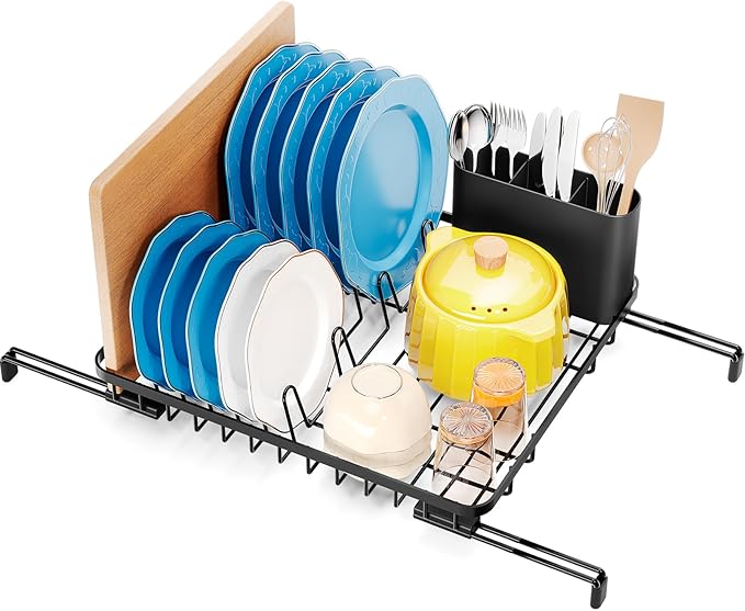 Urackify Over The Sink Dish Drying Rack, in Sink Dish Rack with Expandable Feet, Small Dish Drainer, Home Plate Dryer Storage Rack with Cutlery Holder, Black