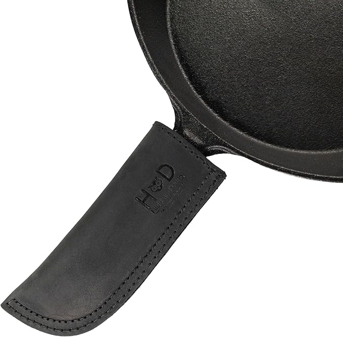 Hide & Drink, Full Grain Leather Hot Handle, Cast Iron Protector, Panhandle Potholder, Double Layered, Double Stitched, Slides On/Off Easily onto Metal Skillet Grips, Handmade, Charcoal Black