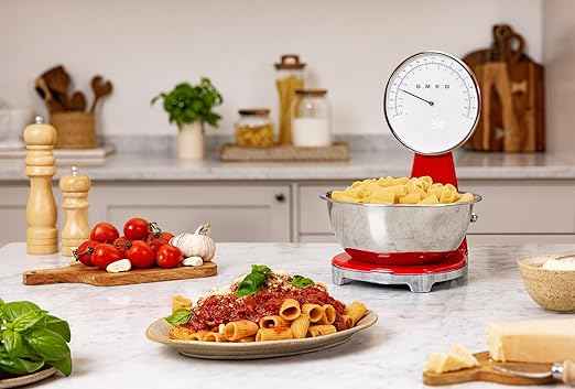 SMEG Retro-Style Analog & Digital Kitchen Scale, 11 lb Capacity, Rechargeable Battery, Backlit LCD Display, Stainless Steel Bowl (Red)