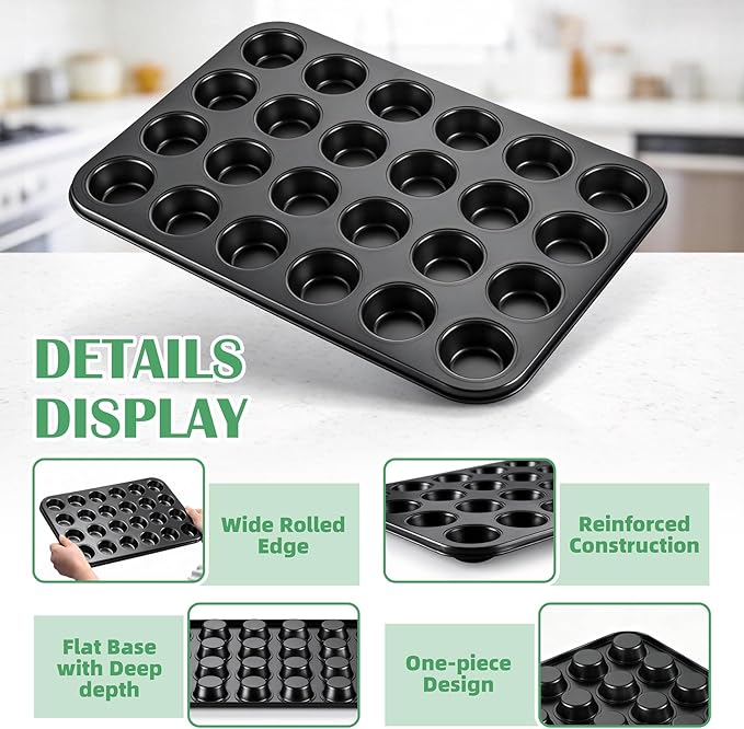 P&P CHEF 24-Cup Mini Muffin Pan Tin, Nonstick Carbon Steel Cupcake Pans, Versatile Bakeware Ideal for Mini Muffin Cupcake Egg Tart Pudding, Oven Safe & Even Bake, Healthy & Easy Clean, Black, 2Pcs