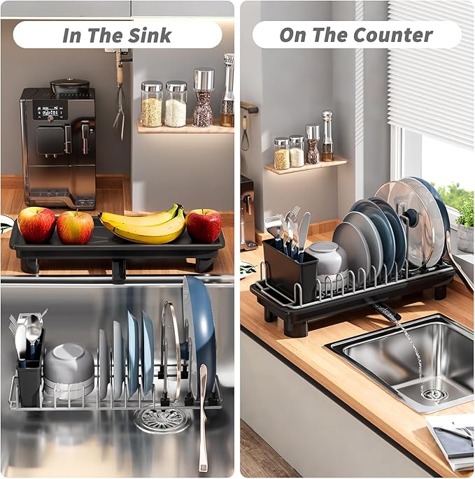 SanDream Small Dish Drying Rack with Removable Utensil Holder & Anti-Scratch Base - Stainless Steel Dish Rack, Dish Drying Rack with Drainage & Space Saving Design for Kitchen Counter, Black