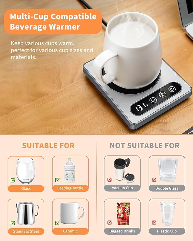 Maestri House ETL Listed Coffee Mug Warmer with 4 Temp Settings & 1-12 Hour Timer, Auto Shut Off for Desk, Smart Electric Beverage Warmer, Candle Melter for Home and Office (Gray)
