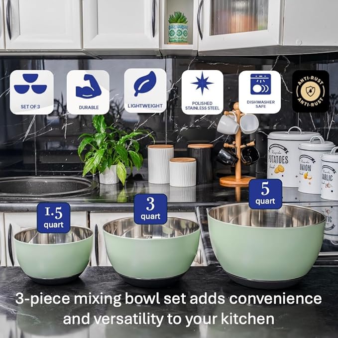 WHYSKO Stainless Steel Mixing Bowls Set of 3 with Non-Slip Silicone Base, Nesting Metal Bowls for Meal Prep, Baking, Cooking & Food Storage, Dishwasher Safe Kitchen Mixing Bowls, Green