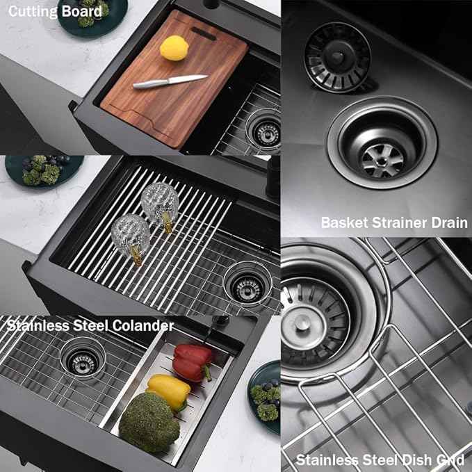 33 Inch Farmhouse Kitchen Sink Splash Guard Waterfall Workstation Black- VOKIM 33x22Inch Apron Front Kitchen Sik Stainless 16 Gauge Farm Sink With Multifunctional Top Loading Flying Rain pull-out