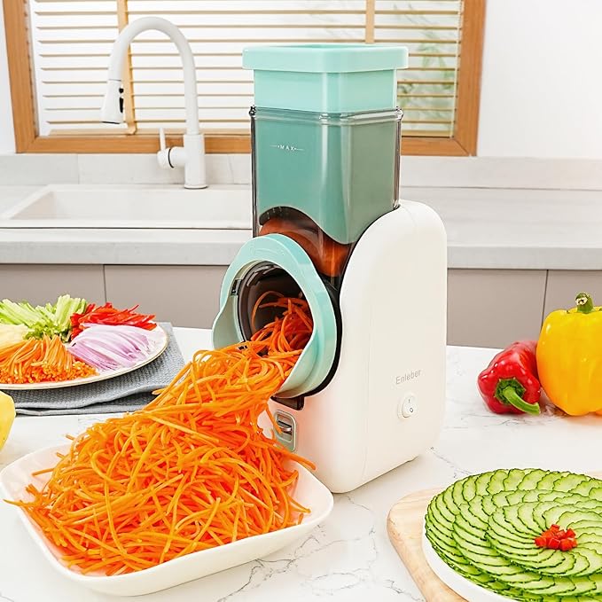 Electric Cheese Grater Salad Maker with 6 Repalce Stainless Steel Blades, Rotary Slicer One-Touch Kitchen Slicer Cheese Shredder for Vegetables, Fruits, Cheeses, Nuts Home Kitchen Use(White)