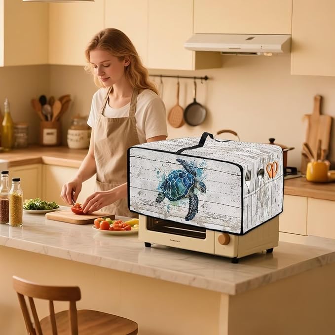 Air Fryer Toaster Oven Cover with Side Pockets, Protective Electrical Appliance Cover Kitchen Countertop Accessories and Decor, S, Watercolor Sea Turtle Wood Grain
