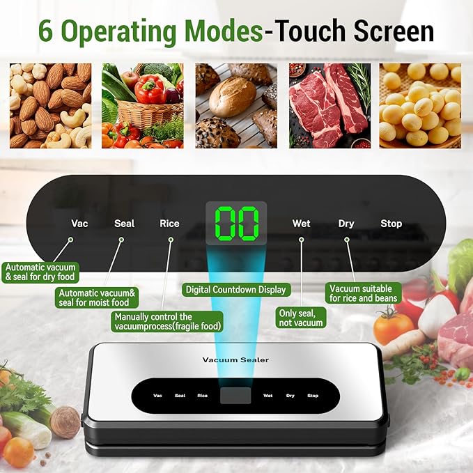 Vacuum Sealer for Food, Food Saver Vacuum Sealer Machine, Powerful Suction, Build-in Cutter, UV Compact Food Sealer, Dry&Wet Modes, Vacuum Sealer Kit with Bag Roll&Mason Jars&Reusable Vacuum Seal Bags