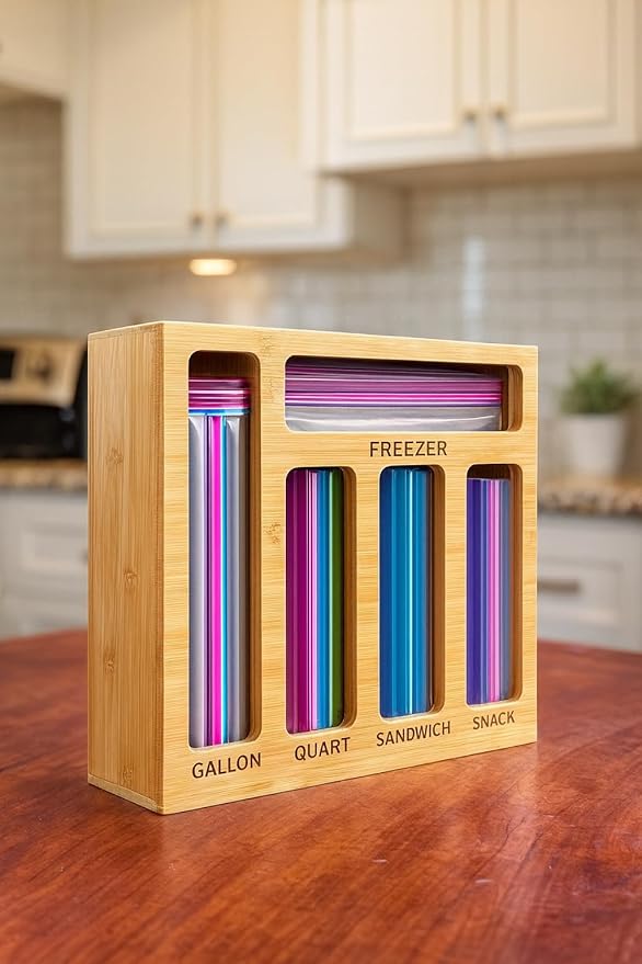 Bag Storage Organizer for Kitchen Drawer, Bamboo Organizer, Compatible with Gallon, Quart, Sandwich and Snack Variety Size Bag (1 Box 5 Slots)