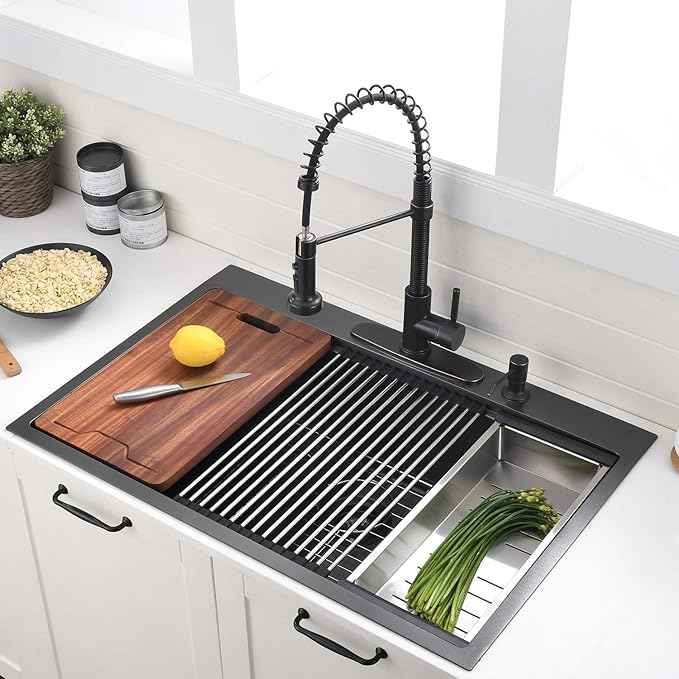 30 Inch Black Drop in Kitchen Sink Workstation - VOKIM 30x18-Inch Drop in sink Stainless Steel 16 Gauge 10'' Deep Single Bowl Topmount Kitchen Sink with Cutting Board& Strainer