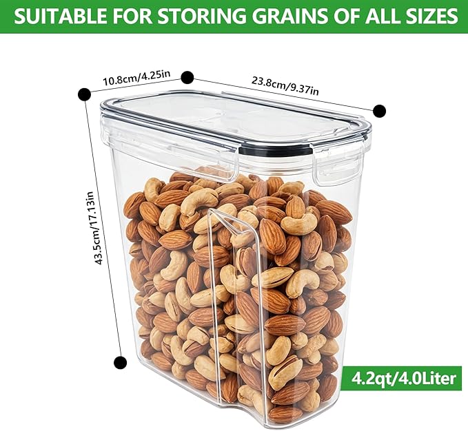 4 Pack 4L/135oz Cereal Storage Containers, Airtight BPA Free Plastic Cereal Dispenser with Lids, Large Dry Food Storage Canister for Pantry, Rice, Flour, Sugar, Pasta