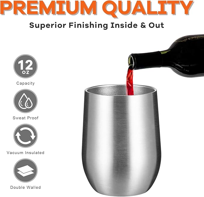 COMOOO 12oz Insulated Wine tumbler with Lid, Stainless Steel Stemless Wine Tumbler Glass,Double Wall Vacuum Wine Tumbler Cups with Straw for Coffee, Cocktails,Beer,Champaign Silver, 12 pack