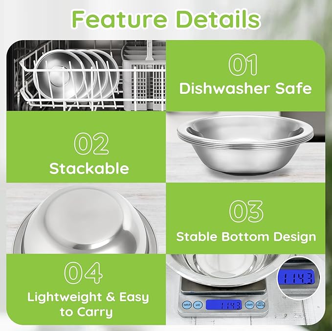 304(18/8) Stainless Steel Mixing Bowls for Kitchen, 6 Pack 7.8" 28.89 fl.oz Metal Mixing Bowls Set Stackable for Baking Serving Cooking Food Prep Storage Dishwasher Safe Lightweight