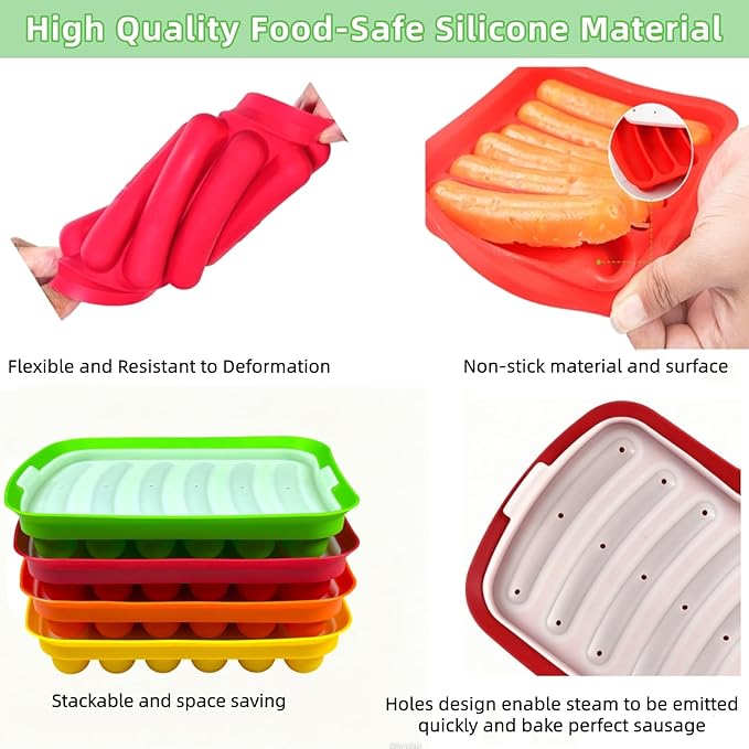 Silicone Sausage Mold 2 Pcs with a Set of Silicone Brush Spatula and 25x Pastry Bags, Non-Stick Hot Dog Bun Pan, DIY Handmade Ham Sausage, Hot Dogs Baking Mold for Children's Food with Lid, Orange