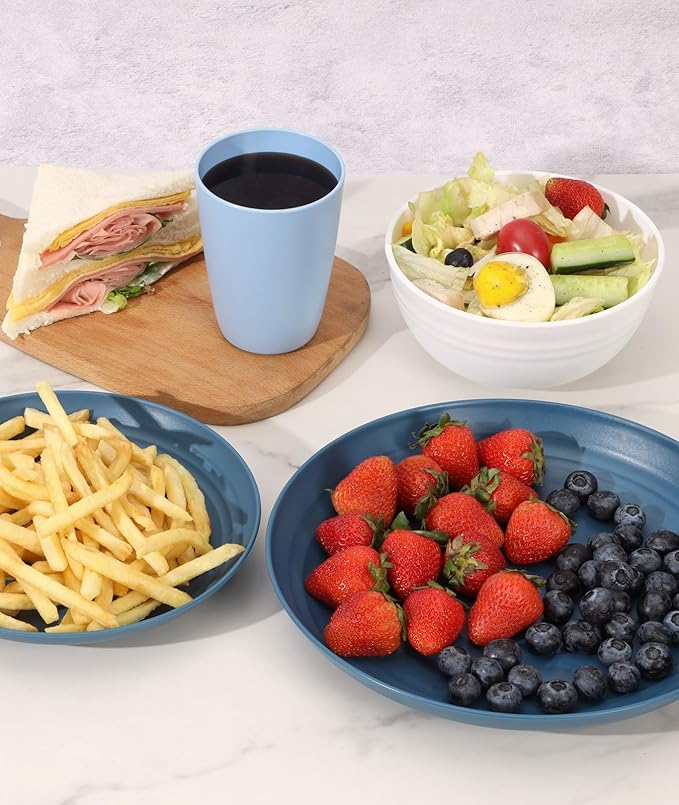 Quatish 24 Piece Plates and Bowls Sets for 6, Unbreakable Dinnerware Sets, Dish Set for Camping, Dishwasher Microwave Safe, Outdoor Kitchen and Apartment Dinning RV Essentials, Blue