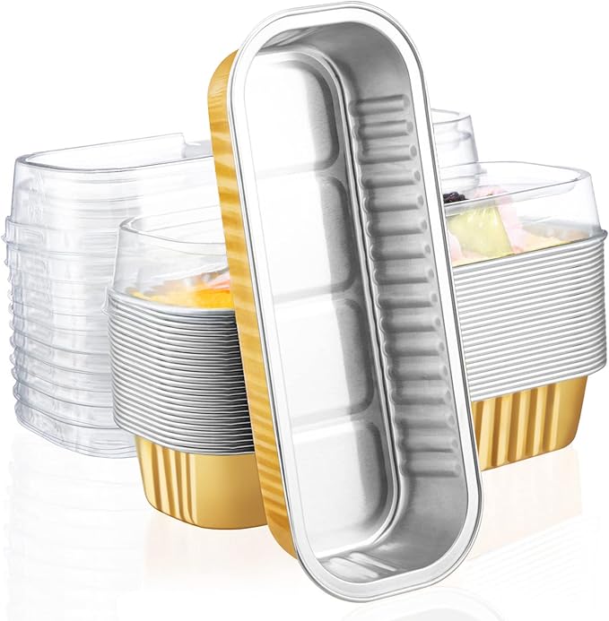 EUSOAR Gold Cupcake liners with Lids, 25pcs 6.8oz 6.5"x2.5"x1.2" Aluminum Disposable Mini Loaf Cake Pans with Lids，Cupcake Baking Cups Containers Ramekins, Dessert Cheesecake Creme Brulee Ramekins Pan