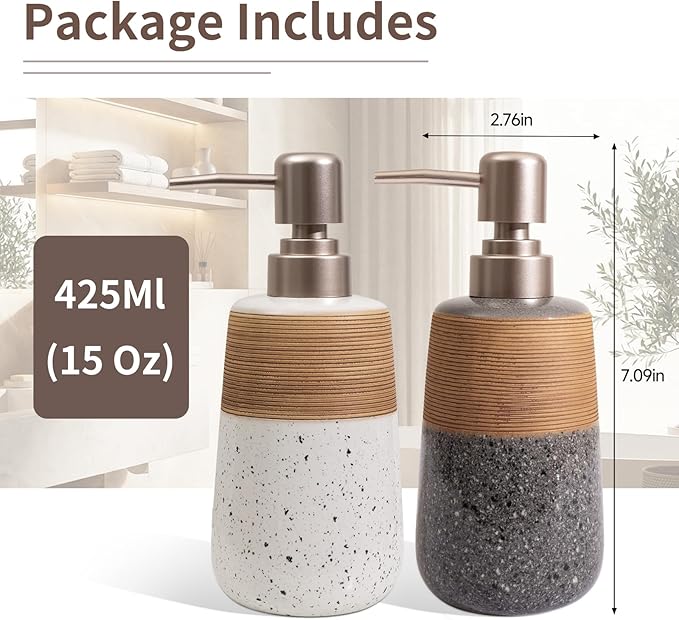 2 Pcs Ceramic Soap Dispenser Set, 15 Oz Refillable Liquid Soap Dispensers with Embossed Texture for Bathroom Countertop and Kitchen Sink, Hand Soap, Dish Soap & Lotion Bottles, Modern Home Decor