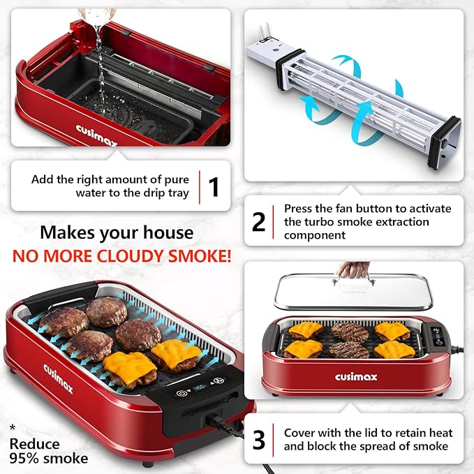 Indoor Grill, CUSIMAX Smokeless Grill Indoor, Electric Griddle, 1500W Korean BBQ Grill with LED Smart Display & Tempered Glass Lid, Non-stick Removable Plate & Griddle Plate, Red