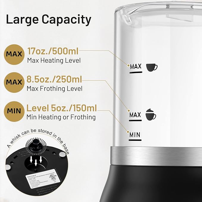 Secura 17oz 4-in-1 Electric Milk Frother and Steamer with Glass Jug, Hot/Cold Foam Maker for Latte, Cappuccino, Macchiato & Hot Chocolate, No Non-Stick Coating and Teflon-Free Design