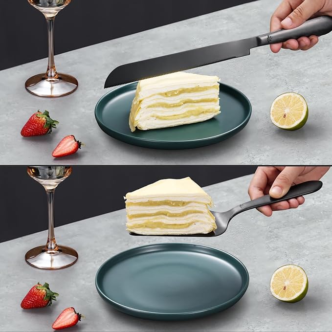 Eisinly Wedding Cake Knife and Server Set, Integral Stainless Steel Longer Cake Cutter and Wider Pie Spatula, Elegant Cake Cutting Serving Set for Party Birthday Bridal Shower Set of 2, Matte Black