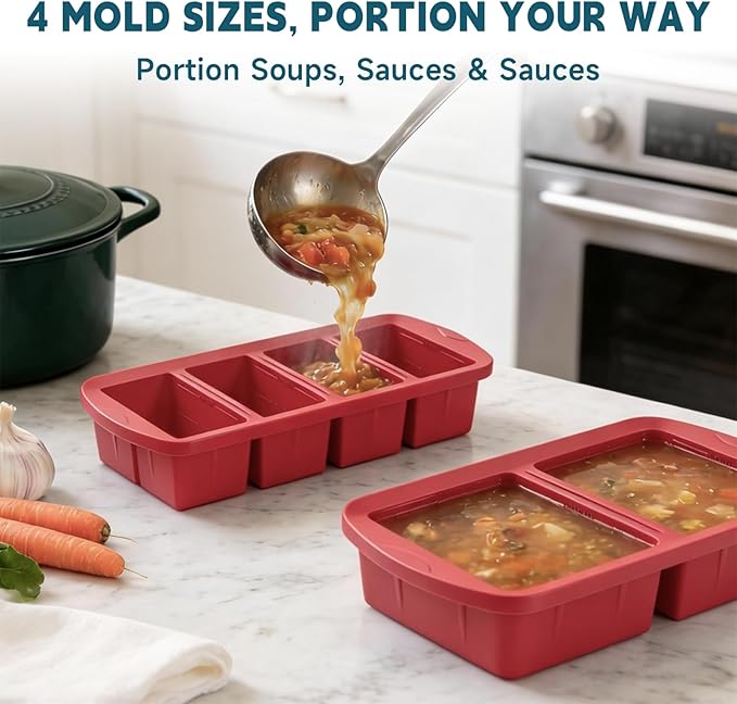 4 Pack Silicone Freezer Trays with Lid - Multi-Size 1-Cup & 2-Cup Portions, Food-Grade Silicone Freezer Molds for Soup & Meal Prep - Large Freezer Storage Containers, Oven & Dishwasher Safe - Red
