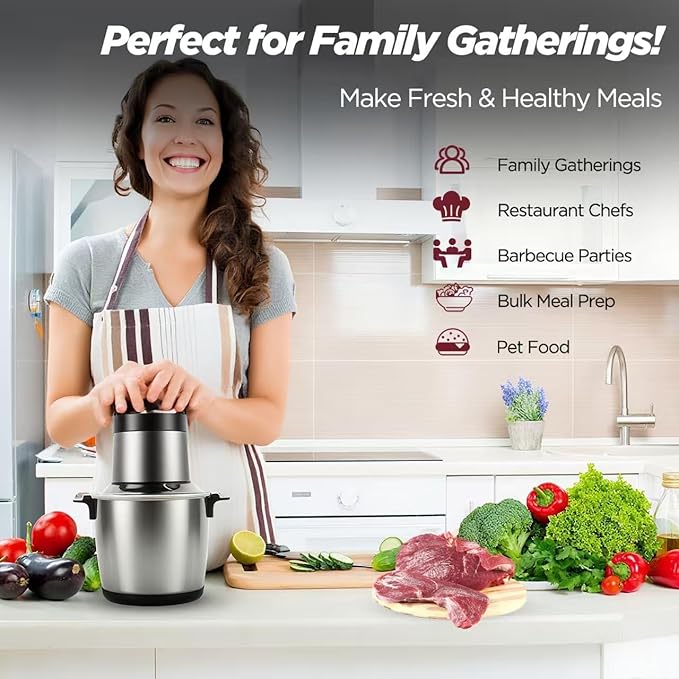 Electric Large Food Processor,6L Meat Grinder Stainless Steel for Home, Heavy-Duty Meat Blender Mincer with 2 Speed& 6 Blades,1200W Electric Food Grinder Chopper for Meat,Game,Hunt & Meal Prep