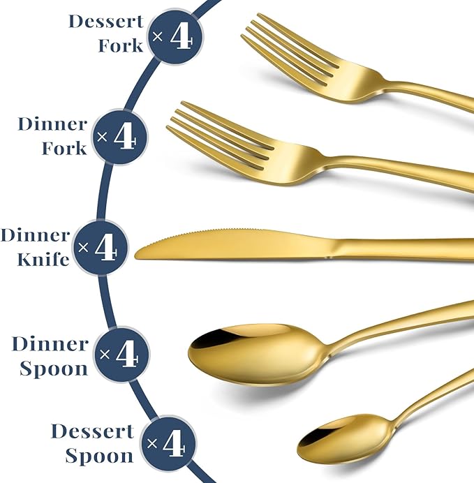 Hunnycook Gold Silverware Set - 20PCS Stainless Steel Silverware Set for 4, Includes Forks Spoons and Knives, Utensil Sets for Home Kitchen Restaurant, Dishwasher Safe
