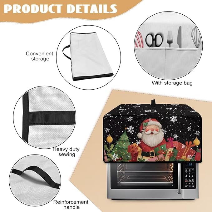 Toaster Oven Cover Dust-Proof Countertop Convection Oven Cover Protective Smart Microwave Oven Accessories and Decor, L, Santa Claus Snowflake Black Christmas Decor