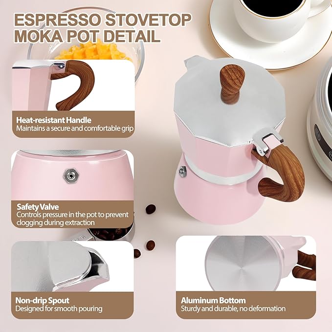 Aluminum 3 Cup 150ml Moka Pot Express Coffee Maker Stovetop Espresso Colorful Coffeemaker Italian Classic Style Brewing Greca Cafe Mocha Machine for Cafeteras Lover Camping Travel and Home Use 5oz