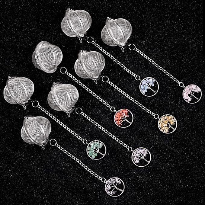5 Pcs Tea Filter Stainless Steel with Life Tree Crystal Energy Stone Tea Strainers with Fine Mesh Extend Chain Hook Tea Ball Infuser for Loose Tea Leaves Spices Seasonings