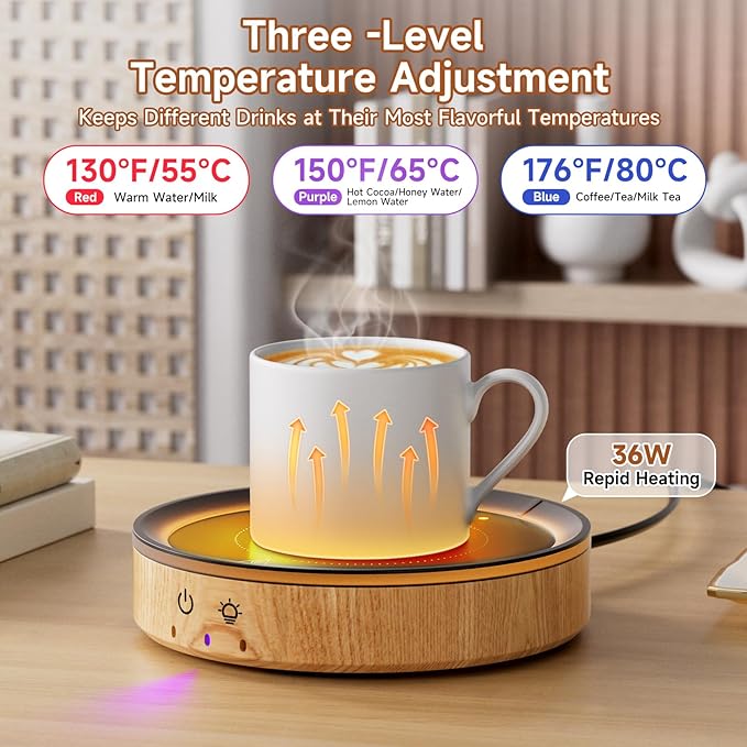 36W Mug Warmer, 3 Temperature Settings, Auto Shut Off (2-12H), Max 176°F, Wood Grain Design with Ambient Light,Ideal Gift for Home & Office (Wood Grain)