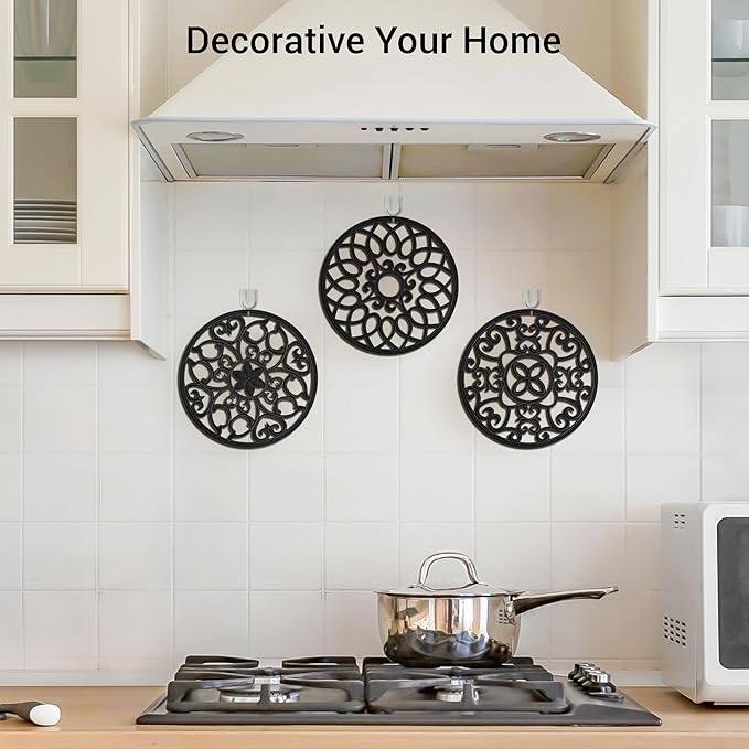 SMARTAKE 3 Set Silicone Trivet Mats, Multi-Use Carved Trivet Mat, Insulated Non-Slip Durable Kitchen Mats, Flexible Modern Kitchen Table Mat, for Hot Dishes, Pots, Dining Countertop, Black