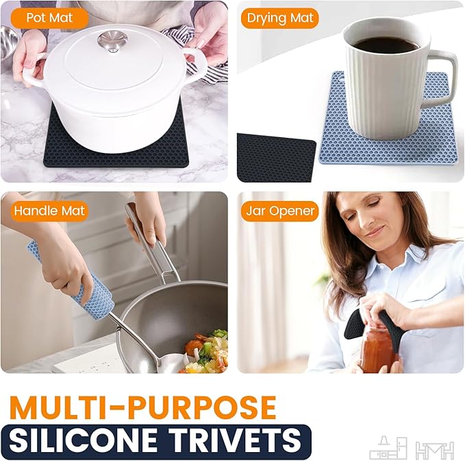 Silicone Trivet Mats 4 Heat Resistant Pot Holders Multipurpose Non-Slip Hot Pads for Kitchen Potholders, Drying mat, Jar Opener, Spoon Holder, Coaster.(Black Nordic Blue)