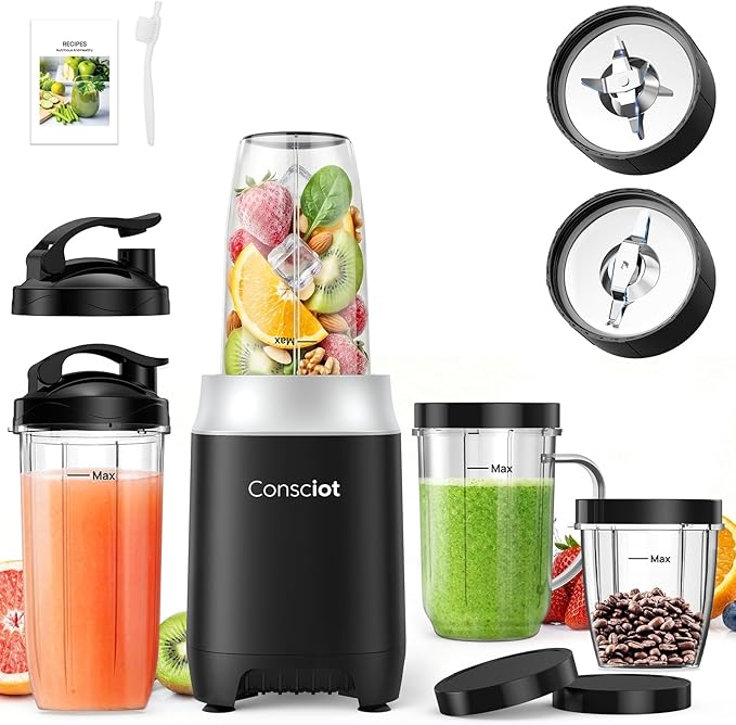 Consciot CB10 16Pcs Personal and Countertop Blender Combo, Coffee and Spice Grinder, Make Shakes and Smoothies, Frozen Drinks, Baby Food, Spreads & More, 4 Portable BPA Free To-Go Cups, 900 Peak Watt