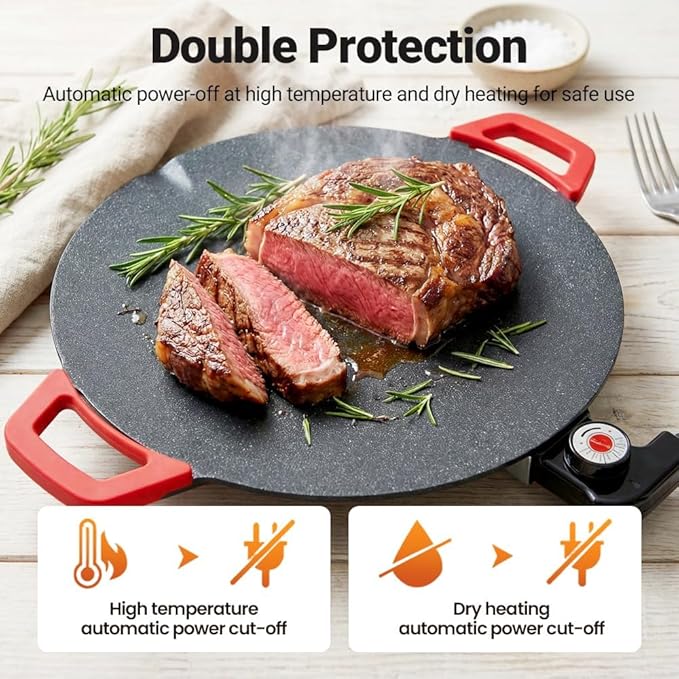Indoor Smokeless Electric Griddle: 1000W Fast Heating Indoor Grill with 11/14/16" Nonstick Surface, Adjustable Temp Control, Easy to Clean for Steak, Pancake & BBQ (14in)
