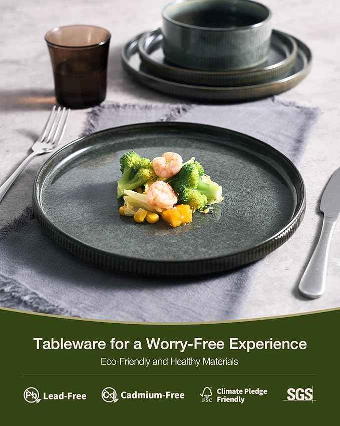 Famiware Star Stoneware Dinnerware Sets for 6 (24pcs), Chip and Scratch Resistant, Microwave & Dishwasher Safe Complete Dishes, Pasta Bowl, Cereal Bowl, Dinner Plate, Salad Plate, Ribbed, Deep Forest