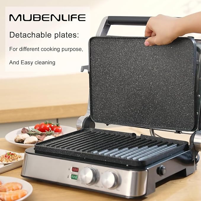 Panini Press,4 Slices Contact Grill with Removable Non-Stick Coated Grill and Flat Plates,Panini Makers with Temperature Control and Timer,Open 180 Degrees,Grill and Griddle (Half black with sus)