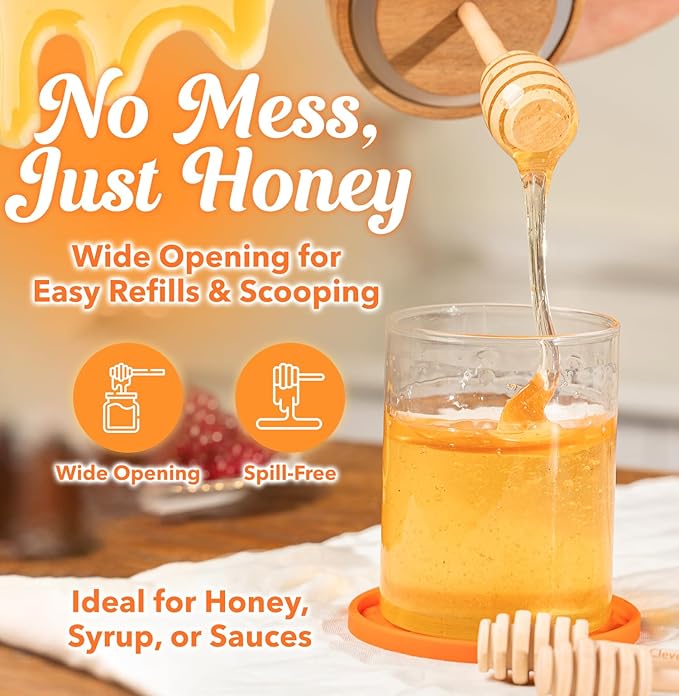 CLEVLI 12 oz Honey Pot Set with Silicone Mat, Airtight Wooden Lid, 2 Extra Dippers & Custom Gift Box | Glass Container Honey Jar for Honey & Syrup | Durable & Stylish Kitchenware Food Storage