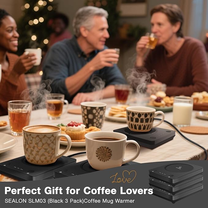 SEALON SLM03 Electric Coffee Mug Warmer (Black, 3 Pack) - 3-Temperature Desk Cup Warmer with Auto Shut-Off (4 Hours) for Heating Coffee, Tea, Milk & Beverages