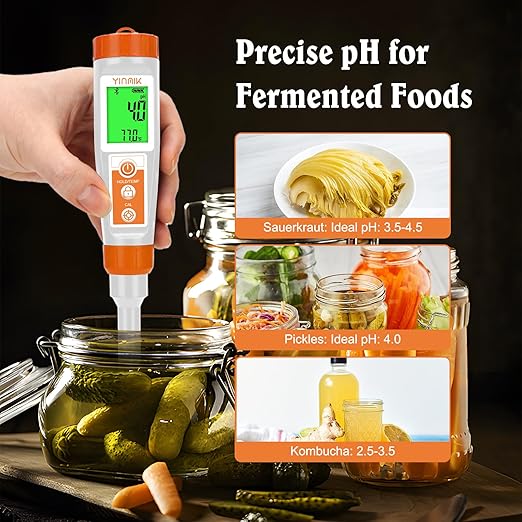 Smart pH Meter for Food - Digital pH Tester with All Accessories | YINMIK Lab pH Meter | pH Thermometer for Food | Professional pH Reader for Hot Sauce, Dough, Cosmetic, Fermentation, Kombucha, Wine