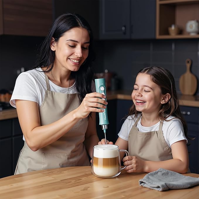FoodVille MF02 Rechargeable Milk Frother Handheld Foam Maker with Stainless Whisk for Cappuccino, Latte, Bulletproof Coffee, Keto Diet, Protein Powder, Matcha (Turquoise Green)
