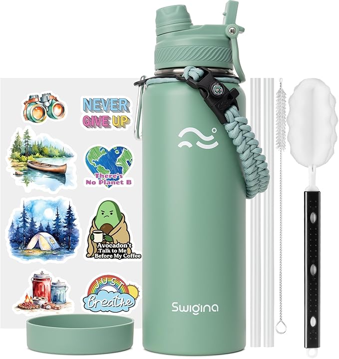 Swigina [2-IN-1 LID] Insulated Water Bottle with Silicone Boot (36hrs Cold/18hrs Hot) - DIY Stickers, Leakproof, BPA Free, 40 oz