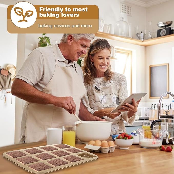 YAYODS 3 Pack Brownie Pan with Dividers 12 Cavity Square Muffin Pans Nonstick All Edges Brownie Pan, Baking Pan for Cornbread, Cupcakes, Tart, Muffin Cakes, Cookie, Bread (Gold)