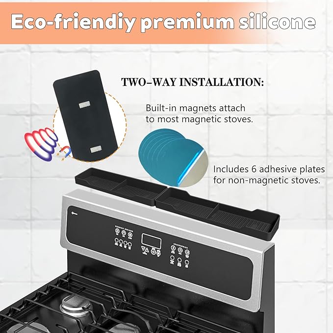 30 Inch Magnetic Silicone Stove Top Shelf, Heat Resistant Spice Rack for Kitchen, Space Saving Organizer with 6 Sticky Pads, Fits Back of Stove（Black 30''x3.8''）