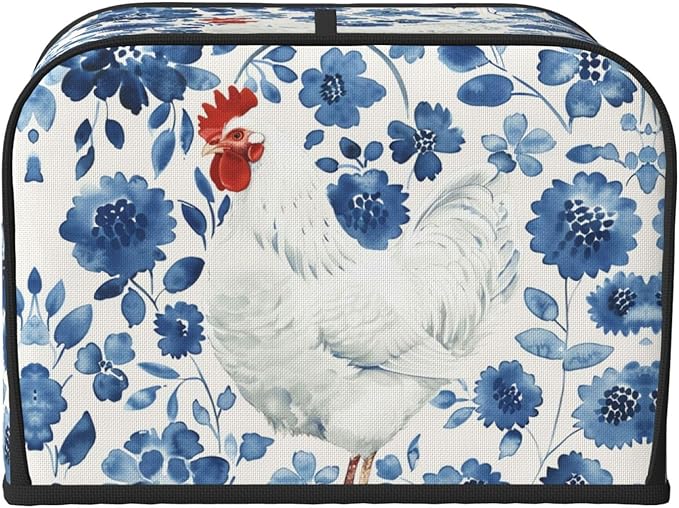 White Rooster On Blue Covers for 4 Slice Toasters,Cute Country Bread Machine Cover with Handle,Washable Stain Resistant Kitchen Small Appliance Cover Dining Decor