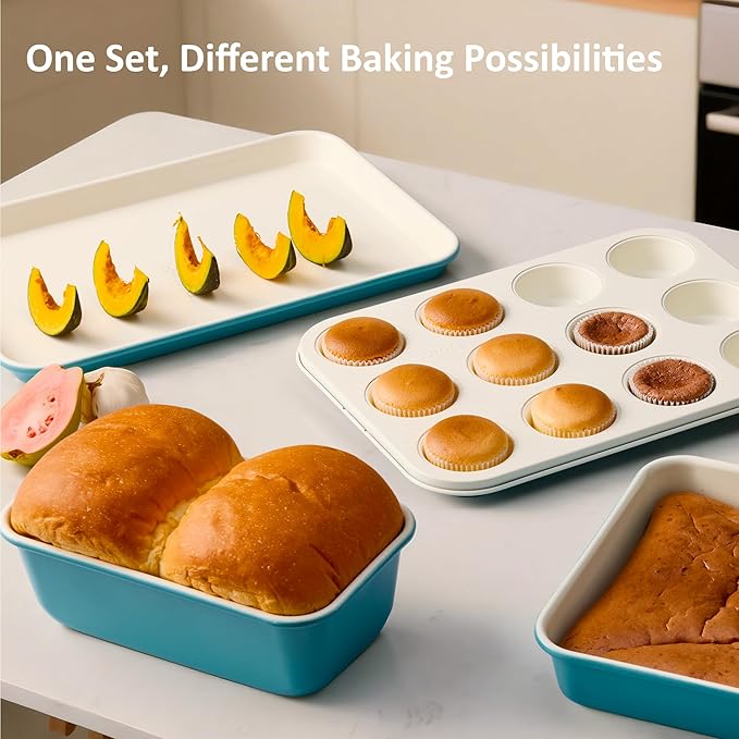 CAROTE 7-Piece Ceramic Baking Pans Set, Aluminized Steel Bakeware Sets, Toxin-Free Nonstick Stackable Oven Pans with Cookie Sheet, Muffin Pan, Loaf Pan, Roasting Pan, Cake Pans, Cooling Rack