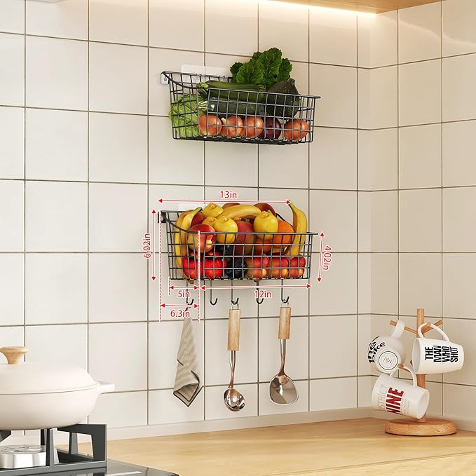 2 Pack Wall Hanging Baskets for Organizing, Large Metal Wire Basket with 5 Hooks+2 Strong Long Adhesive Hooks,Kitchen Hanging Mesh Organizer, Wall Mounted Bin for Kitchen, Bathroom, Bedroom,SUV,Garage