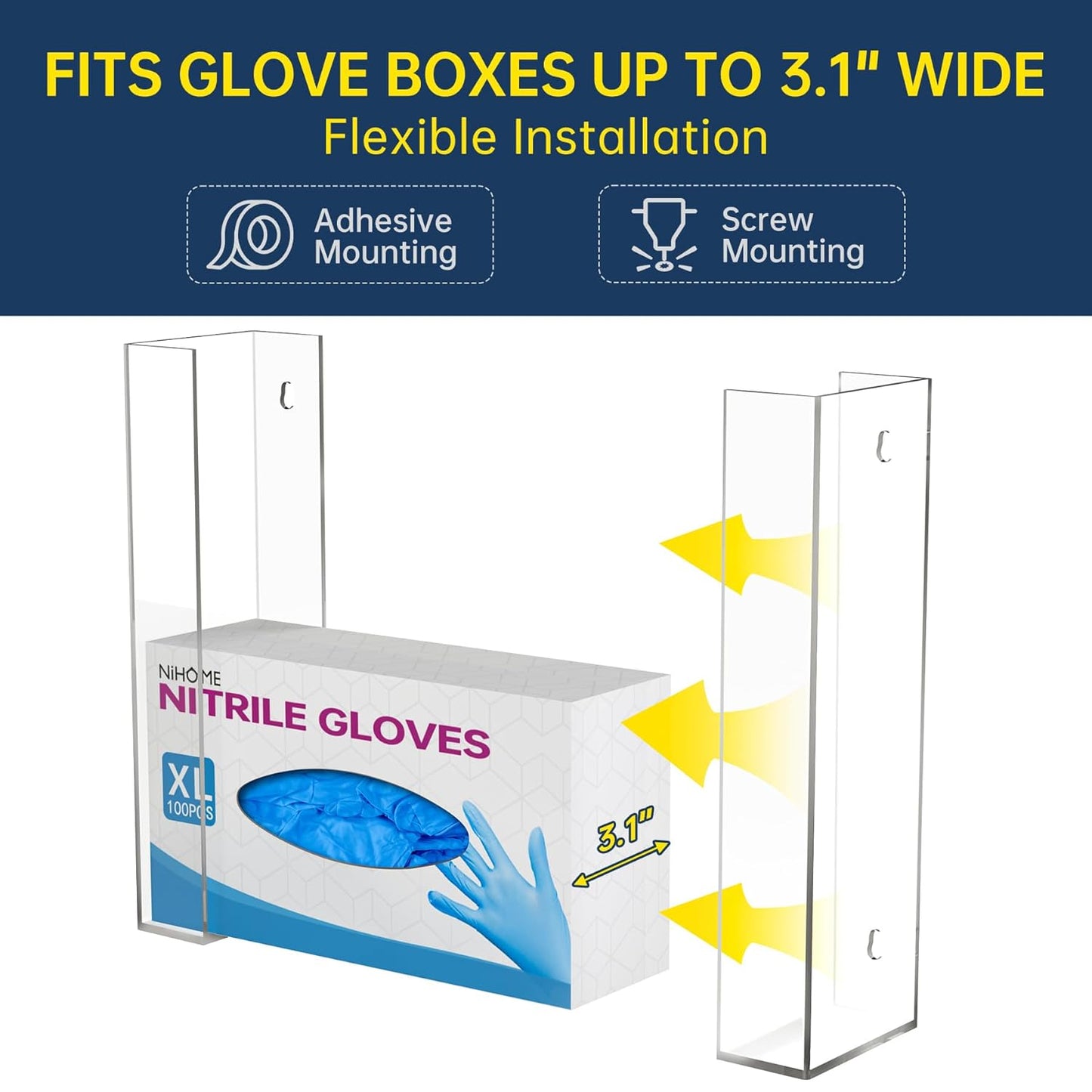 NiHome Multi-Tier Clear Acrylic Wall Mount Glove Box Holder Tissue Box Dispenser for Kitchen, Bathroom, Garage, Lab, Salon, Space-Saving Adjustable Organizer for Gloves, Tissues, Baby Wipes (2-Tier)