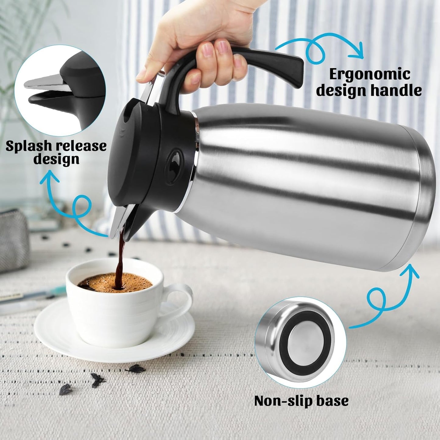 Yummy Sam 70oz Thermal Coffee Carafe, Double Wall Vacuum for Hot Drinks, Stainless Steel Carafe for Hot Liquids Large Tea for Home School Office for Valentine's Day (Classic Silver)