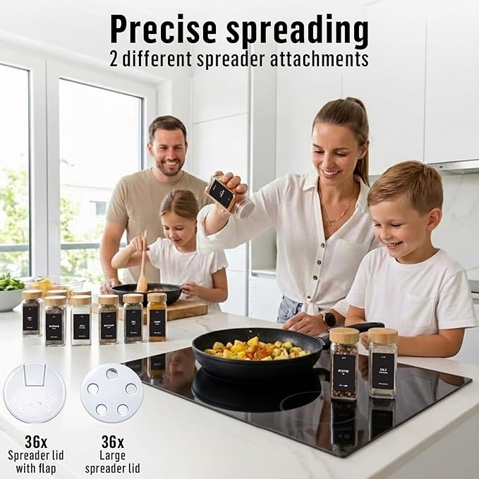 Deco haus Glass Spice Jars with Bamboo lids 36set [LABELS incl] Spice Containers with Labels, Funnel & Chalk Marker - Empty Herb Seasoning Containers, Small Seasoning Bottles for Herb with Wooden Lid
