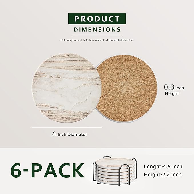 Coasters Set of 6 for Drinks, Beer, Coffee, Coasters for Drinks Absorbent Stone with Holder, Marble Style Ceramic Drink Coaster for Tabletop Protection and Home Decor, Suitable for Kinds of Cups